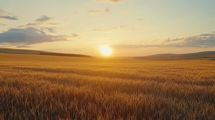 Obraz premium Expansive Golden Wheat Field at Sunset with a Vibrant Sky and Serene Landscape, Capturing Nature's Beauty and Tranquility in Rural Countryside