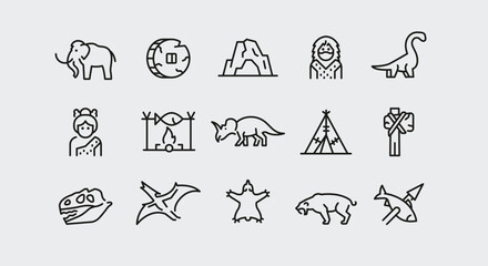 Prehistoric icons. Set of 15 prehistoric trendy minimal icons. Example: Mammoth, Stone Wheel, Caveman, Brontosaurus icon. Design signs for web page, mobile app, packaging design. Vector illustration.