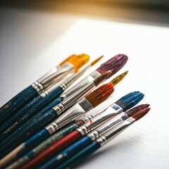 Obraz premium colorful paint brushes close up shot on white table
