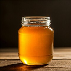 a glass jar of golden honey on a rustic wooden table against a dark background