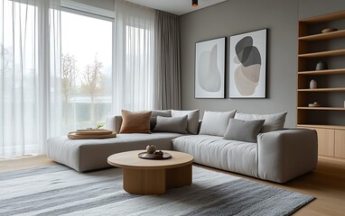 Modern living room interior with corner sofa, artwork, and window.