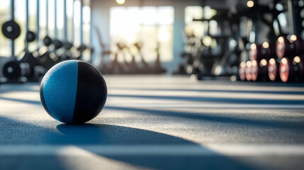 Gym floor with a medicine ball and dumbbells in soft lighting