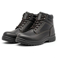 black leather work boots isolated on white background