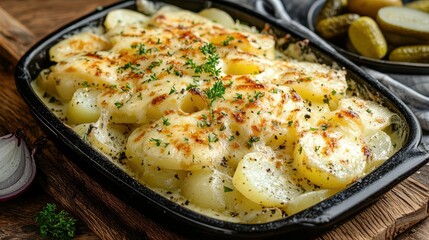 Creamy and Cheesy Potato Gratin Baked with Fresh Herbs and Golden Crust Served in Black Casserole Dish with Pickles on Wooden Table