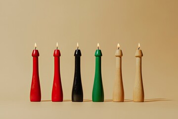Kwanzaa African American celebration. Seven red, black and green candles on a natural beige background. Symbols of African heritage. Copy space 