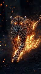 Fiery Cheetah Running Through Embers at Night