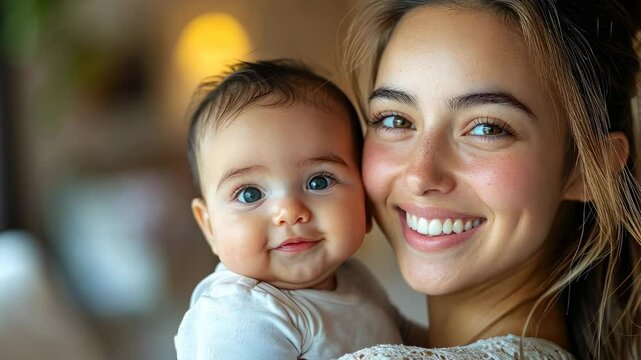 video portrait of young smiling latin american woman holding little baby, spanish lady, mom, mother and child, kid, brazilian girl, family, parent