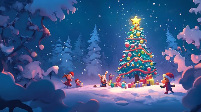 Cartoon-style Christmas scene with a festive tree, colorful decorations, and cheerful characters celebrating on a snowy background