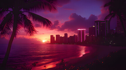 Obraz premium a sunset is seen from a beach with a palm tree in the foreground. Generative AI