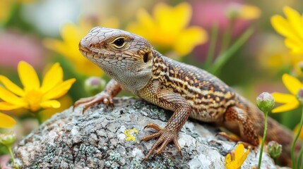 Obraz premium Glistening under the warm sunlight, the viviparous lizard rests on a rock surrounded by bright yellow flowers