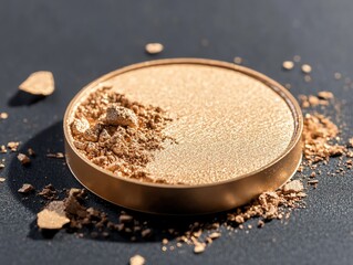 A broken gold eyeshadow pan with scattered shimmering powder, captured under soft spotlight