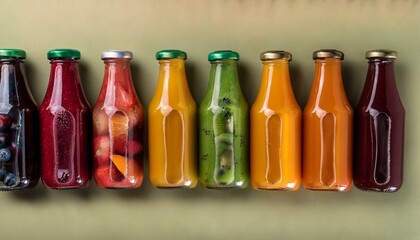 A flat lay image of colorful fruit juices in clear glass bottles, surrounded by the fruits used to create them.