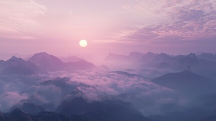 Obraz premium Serene Sunrise Over Misty Mountains: A Tranquil Landscape with Soft Pastel Hues and Gentle Illumination in a Peaceful Natural Scene