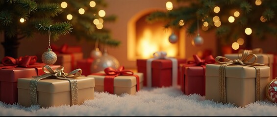 Warm and inviting scene: A majestic Christmas tree stands tall, its branches adorned with a stunning glass ornament, surrounded by vibrant presents wrapped in colorful paper and tied with fluffy bows.