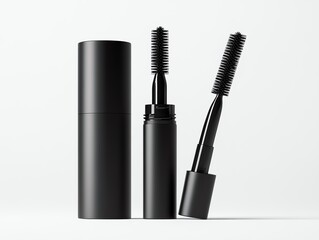 Obraz premium A glossy black mascara tube standing vertically with the wand leaning beside it