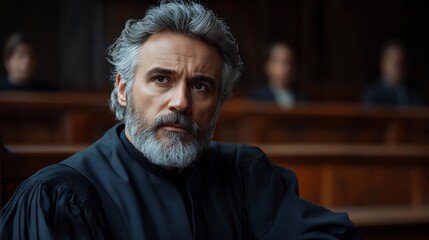 Fototapeta premium Solemn Male Judge Listening Intently During Legal Proceedings in Courtroom