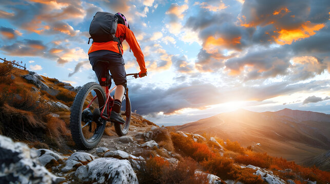 Adventurous cyclist on mountain bike at sunset.