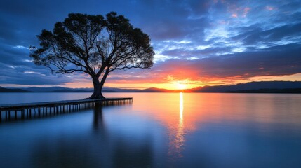 serene sunset over calm water with solitary tree