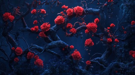 Enchanted Forest with Lush Red Roses on Twisted Dark Branches