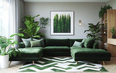 Green velvet sofa in modern living room with plants and forest artwork.