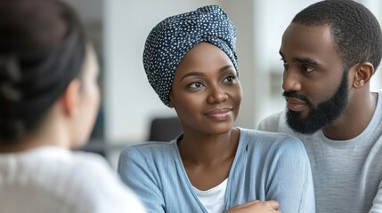 Fototapeta premium African American couple in counseling session, woman wearing headscarf. Illustrates support, healthcare, or relationship advice.