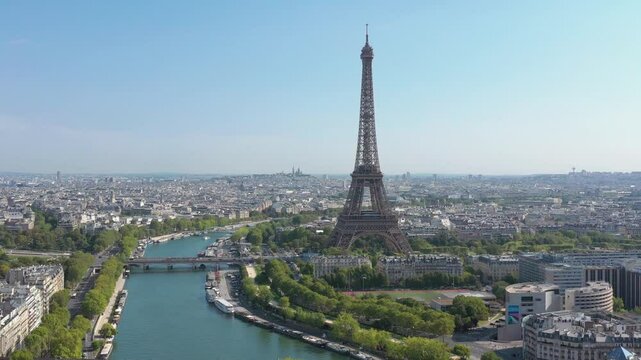 PARIS, FRANCE - OCTOBER 3, 2024 overview of iconic eiffel tower and seine river with stunning cityscape