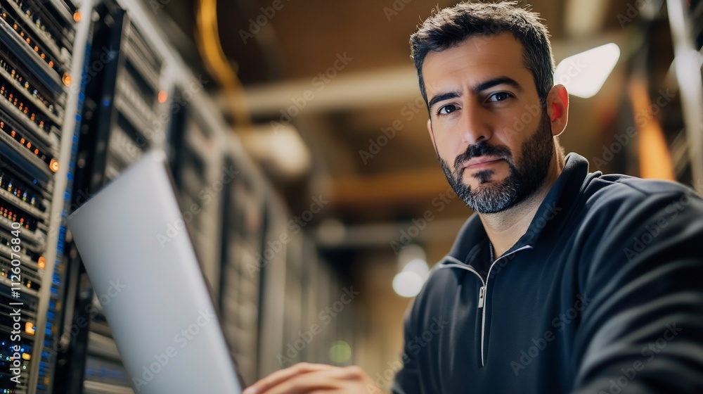 Poster it specialist using laptop in data center server room for system and data protection