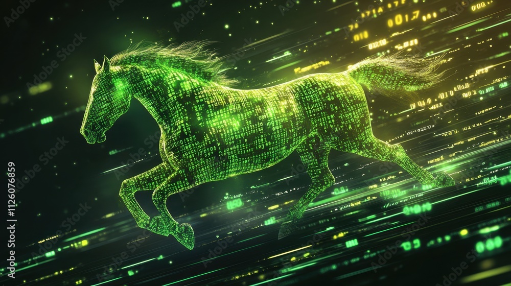 Poster digital horse running with green binary code background effects