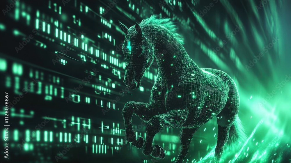 Poster digital horse running through green data streams in cyber world