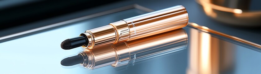 Fototapeta premium A luxury gold mascara tube lying on a mirrored surface