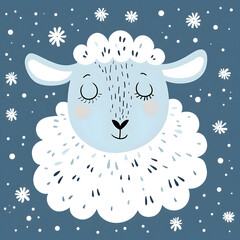 A cartoon sheep with a blue background and white snowflakes