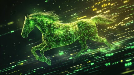 Obraz premium Digital Horse Running with Green Binary Code Background Effects
