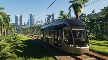 Naklejka premium Modern silver tram with palm trees and buildings in sunny scenery