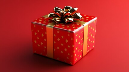Obraz premium Festive red and gold gift box with a shiny red ribbon, displayed on a bold red background