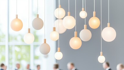 Hanging light fixtures in a modern, softly lit environment.