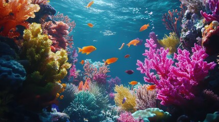 Vibrant Underwater Scene Featuring Colorful Coral Reefs and Tropical Fish Swimming in Clear Blue Ocean Water in a Lush Marine Environment