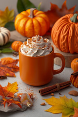 A cup of pumpkin spice latte with whipped cream and cinnamon sticks