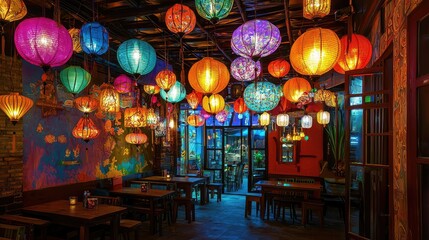 Naklejka premium Vibrant and Colorful Restaurant Interior Decorated with Hanging Lanterns in a Cozy and Inviting Atmosphere Perfect for Dining and Socializing Experiences