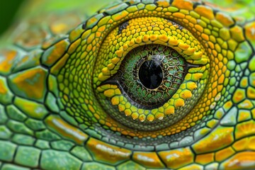 Naklejka premium A detailed view reveals the striking colors and patterns of a reptile's eye, highlighting the textures of its scales and the vivid green and orange hues.