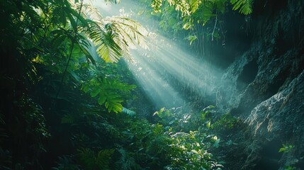 Obraz premium Serene Jungle Landscape Illuminated by Sunlight Filtering Through Thick Green Foliage in a Lush Tropical Forest with Gentle Mist