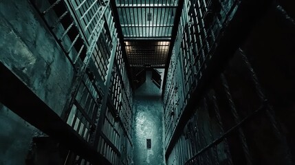 Fototapeta premium Dark and Gloomy Prison Hallway with Metal Bars and a Defunct Atmosphere, Perfect for Capturing Themes of Confinement, Isolation, and Urban Exploration in Stock Photography