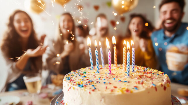 Birthday cake with candles on a table and in blurry background group of adults around table celebrating their friend birthday and sparks and confetti