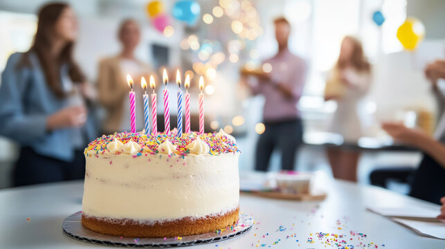 Birthday cake with candles on a table and in blurry background group of adults around table celebrating their friend birthday and sparks and confetti