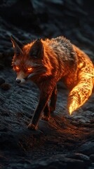 Naklejka premium Fiery Fox with Blazing Tail Walks Dark Path