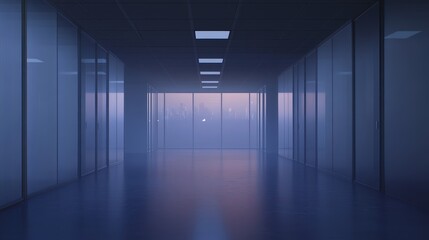 Minimalist Corporate Office Hallway with Frosted Glass Walls and Ceiling Lights
