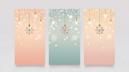 Minimalist greeting card design with abstract Christmas lights and snowflakes on a gradient background