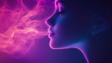 Fototapeta premium abstract digital face, science, technology, AI, artificial intelligence, neural networks, D concept, glowing, modern design, profile silhouette, colorful background, purple, blue , 8k image