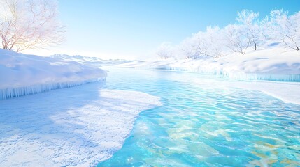 Serene Winter River Landscape with Snow Covered Trees