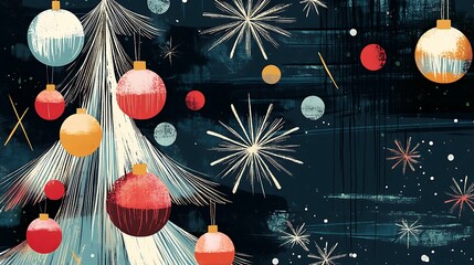 Modern Christmas card featuring abstract baubles and a festive tree illustration, highlighted with metallic accents