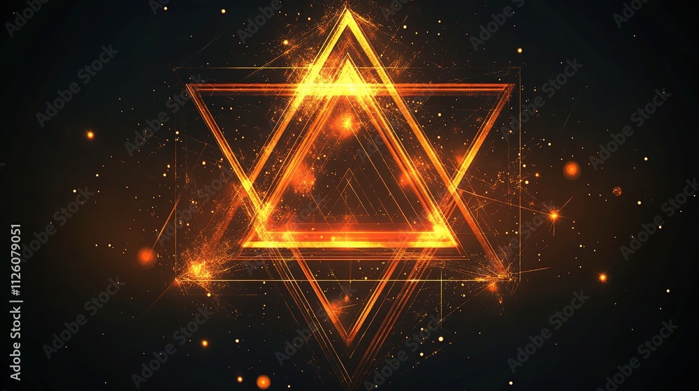 Poster glowing geometric shapes on dark background with dynamic patterns